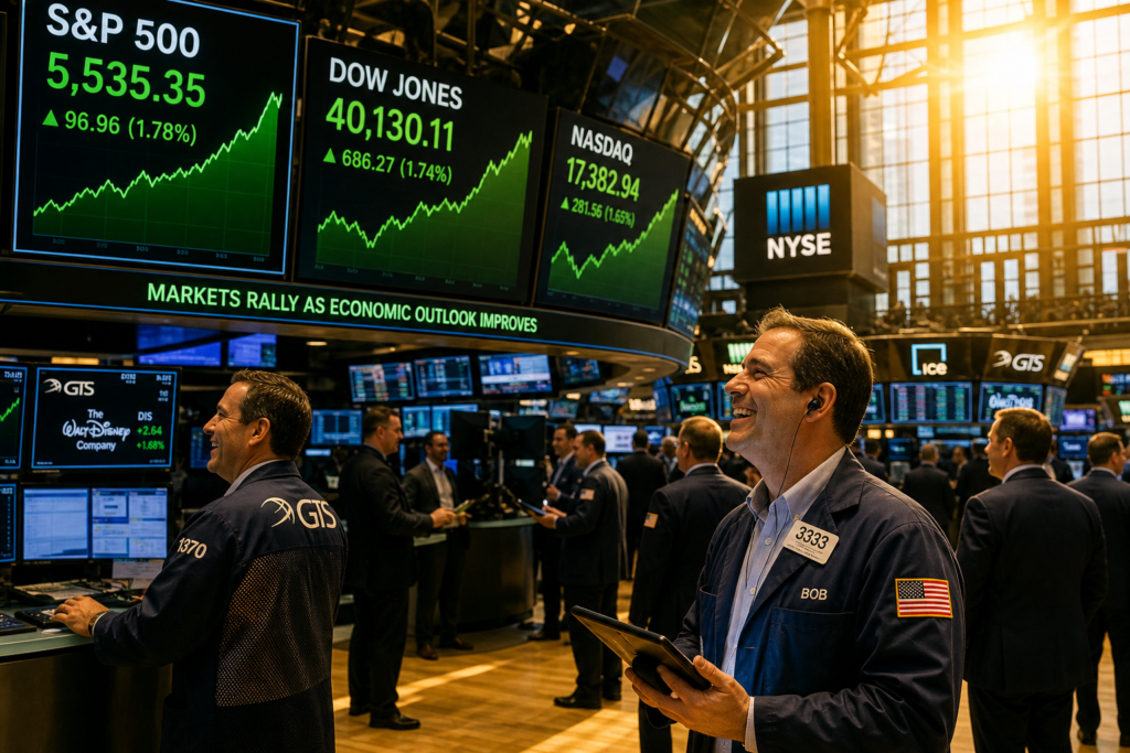Stock market trading floor with rising green charts on large screens showing major index gains during a broad market rally