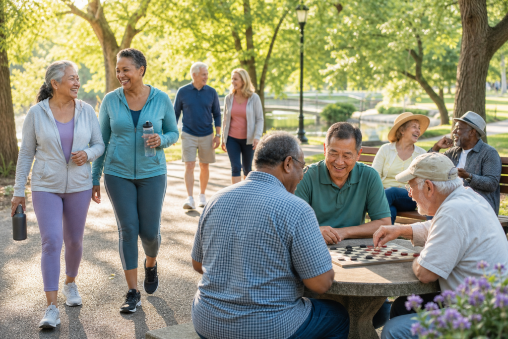Older adults enjoying outdoor activities including walking, socializing, and playing games to support brain health
