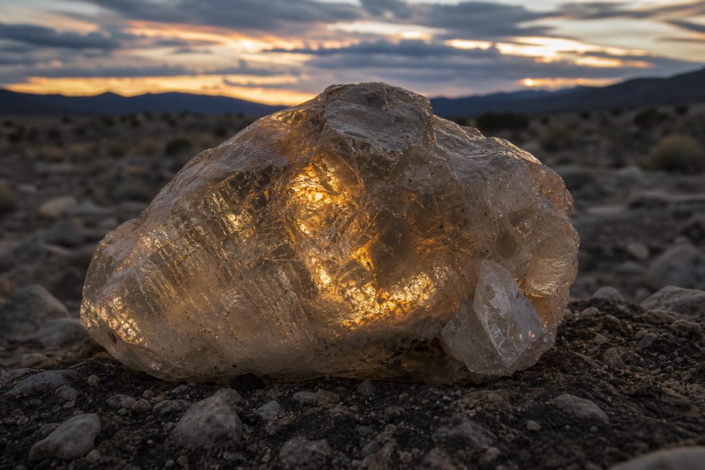 A rare glowing crystal fragment discovered at the Trinity nuclear test site in New Mexico desert terrain at twilight