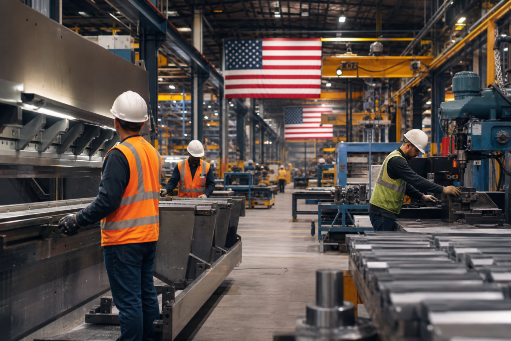American manufacturing workers operating industrial machinery inside a large domestic production facility
