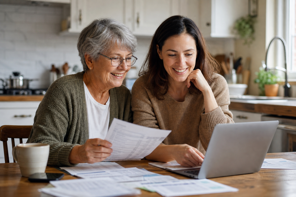 An older parent and adult millennial child reviewing financial documents together at a kitchen table