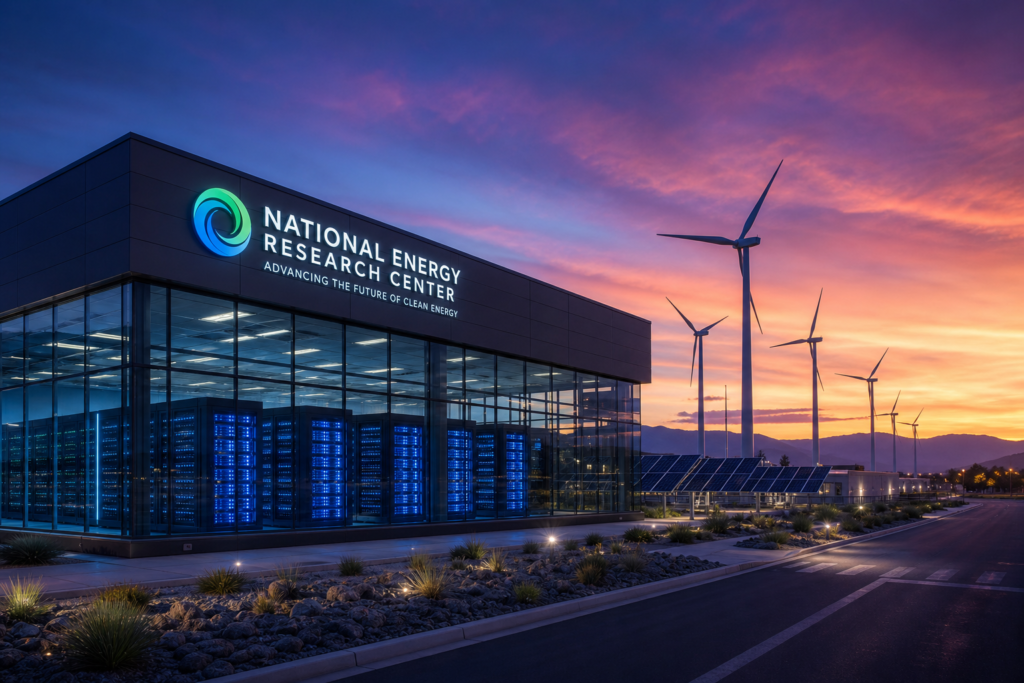 Modern energy research facility with supercomputers and clean energy infrastructure at dusk representing AI in energy