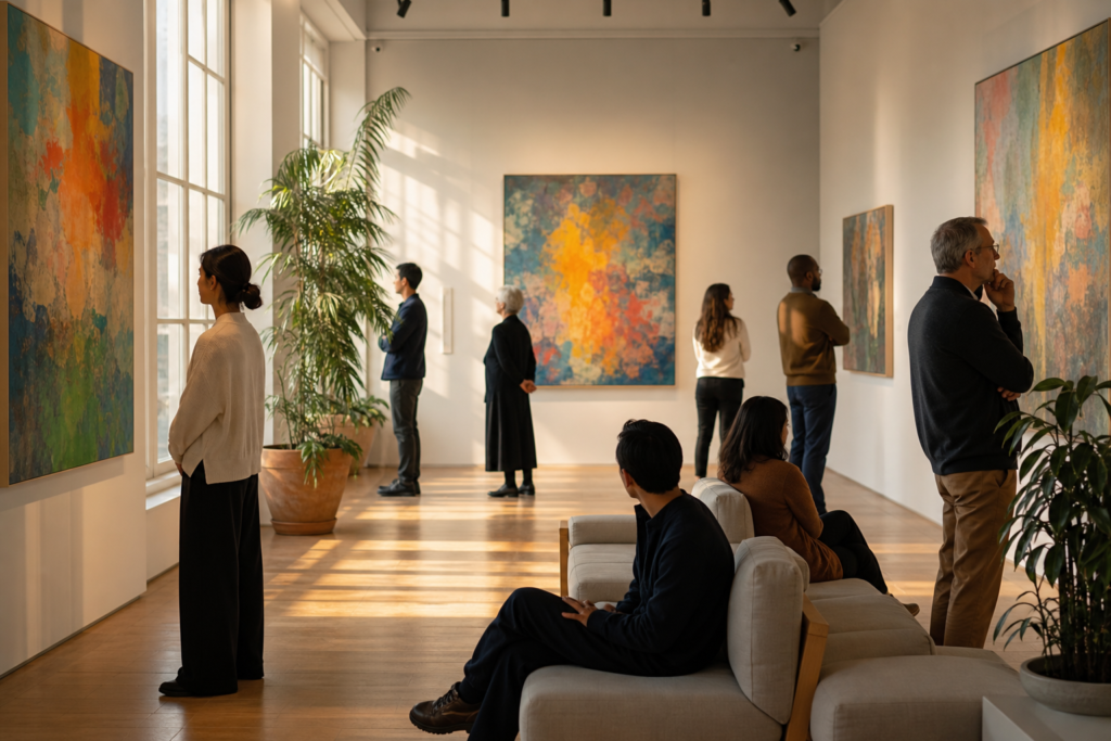 Adults of various ages exploring a bright, sunlit art museum gallery filled with colorful paintings