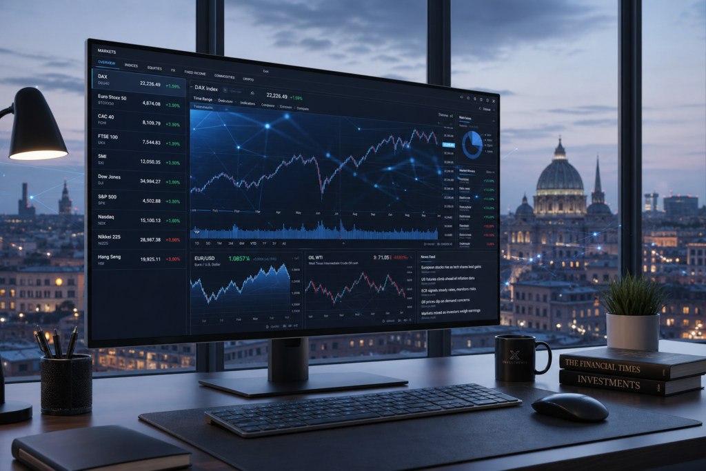 AI-powered financial dashboard displaying stock market data and charts in a modern European office setting