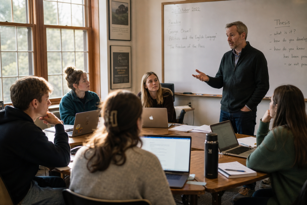 College students and instructor having an open discussion about AI writing tools in a sunlit classroom