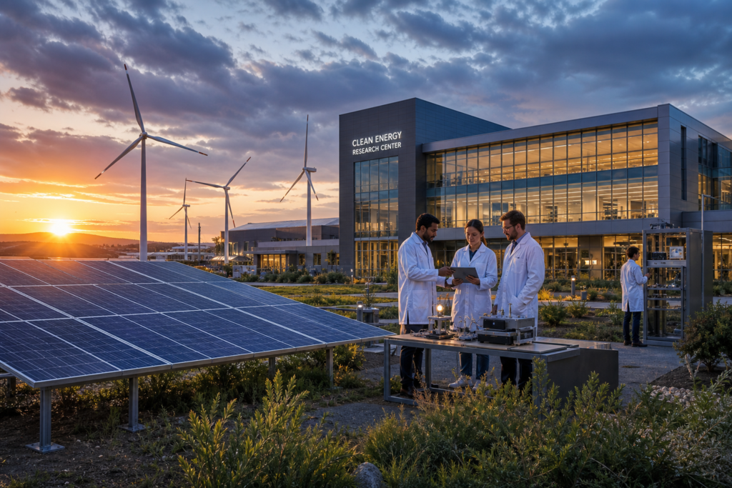 Engineers and scientists collaborating at a modern clean energy research facility with solar panels and wind turbines at dusk