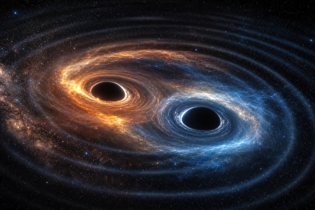 Two massive black holes merging in deep space with gravitational wave ripples spreading through spacetime
