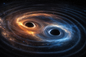 Two massive black holes merging in deep space with gravitational wave ripples spreading through spacetime