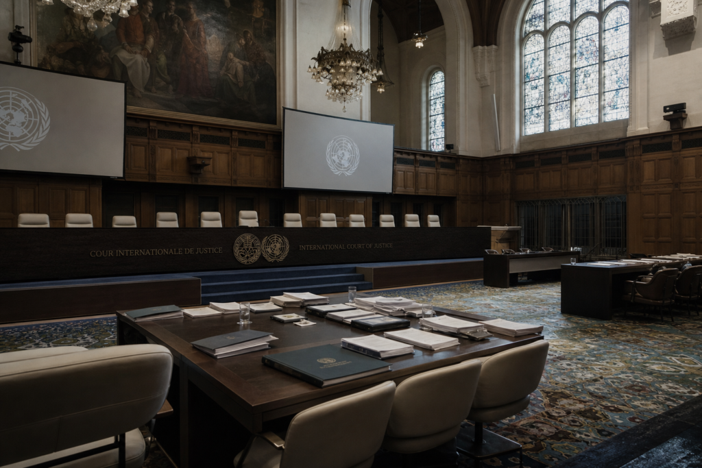 Empty international courtroom with documents on a table, representing accountability for war crimes and sexual violence in conflict
