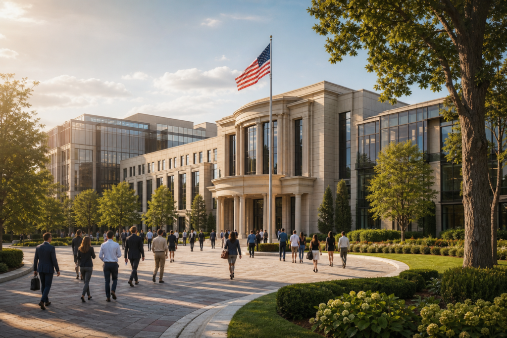 Grand American family business corporate headquarters with professionals walking outside under warm afternoon light