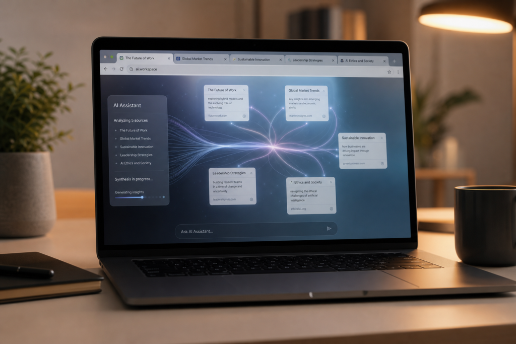 Laptop browser with multiple open tabs connected by glowing AI interface lines representing Microsoft Edge Copilot tab synthesis