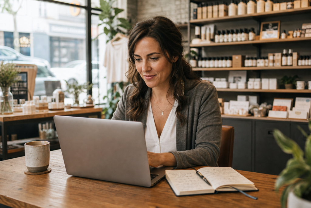 Small business owner using an AI assistant on a laptop in a cozy independent shop with warm natural lighting