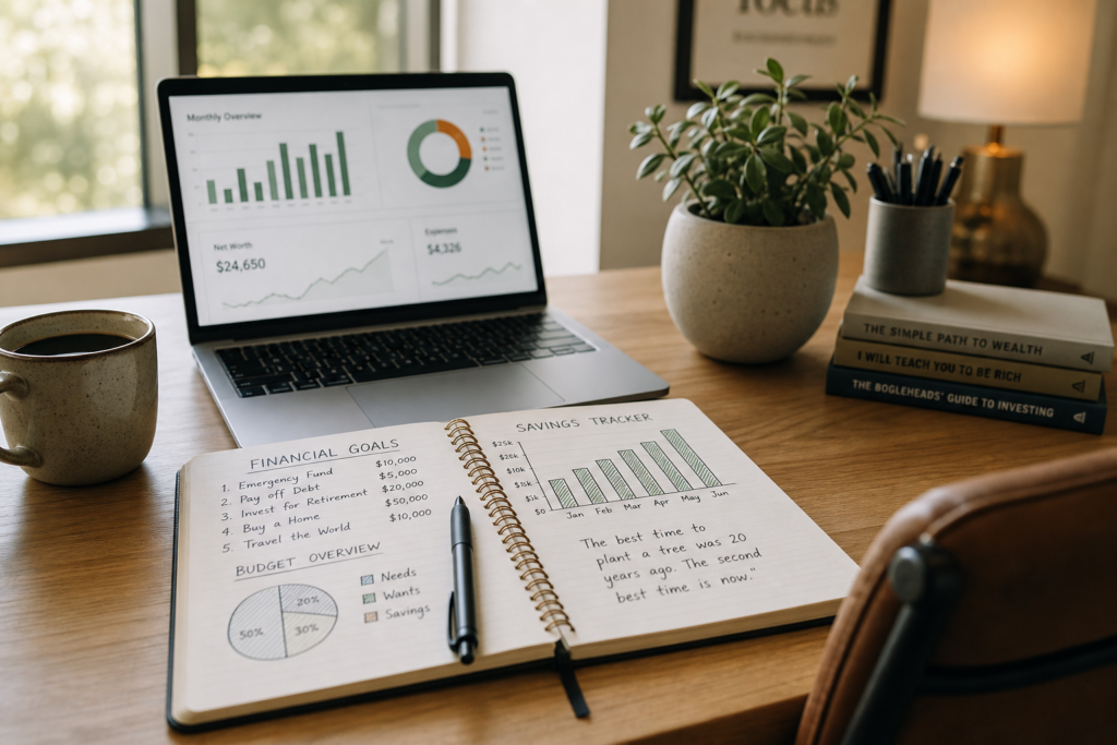 A tidy desk with a financial planning notebook, laptop with graphs, and coffee cup in warm natural light