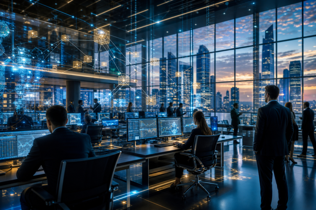Institutional finance professionals working at advanced terminals surrounded by glowing blockchain network visualizations in a modern trading floor