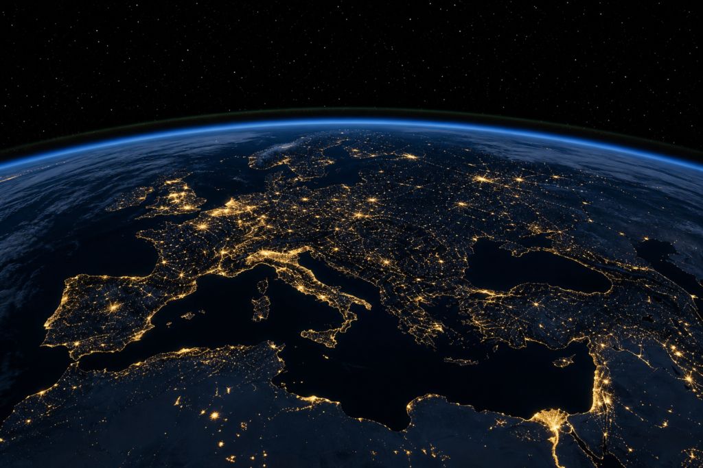 Satellite view of Earth at night showing glowing city lights across continents against dark oceans and space