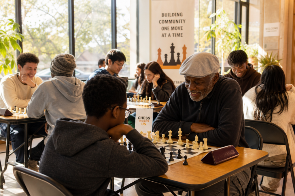 Diverse group of people playing chess together at a community mental health awareness event in a bright welcoming space