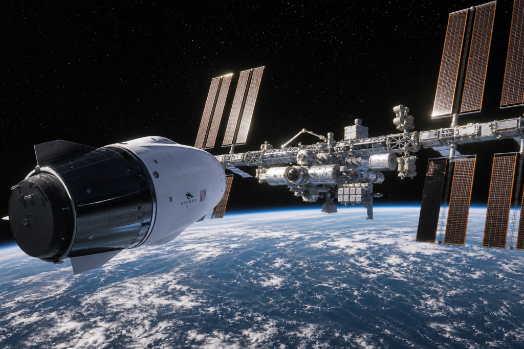 SpaceX Dragon cargo capsule approaching the International Space Station in low Earth orbit with Earth visible below