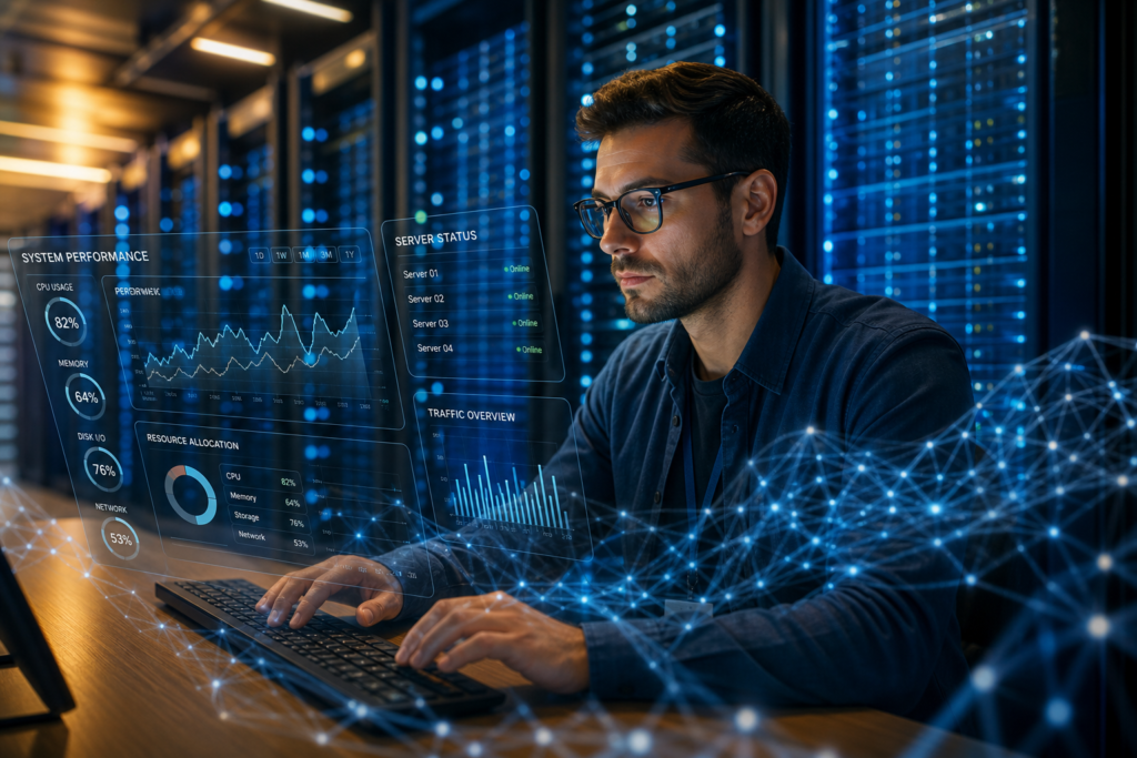 Current image: Developer analyzing AI agent performance metrics on a futuristic workstation inside a modern data center