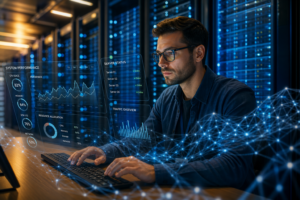 Developer analyzing AI agent performance metrics on a futuristic workstation inside a modern data center