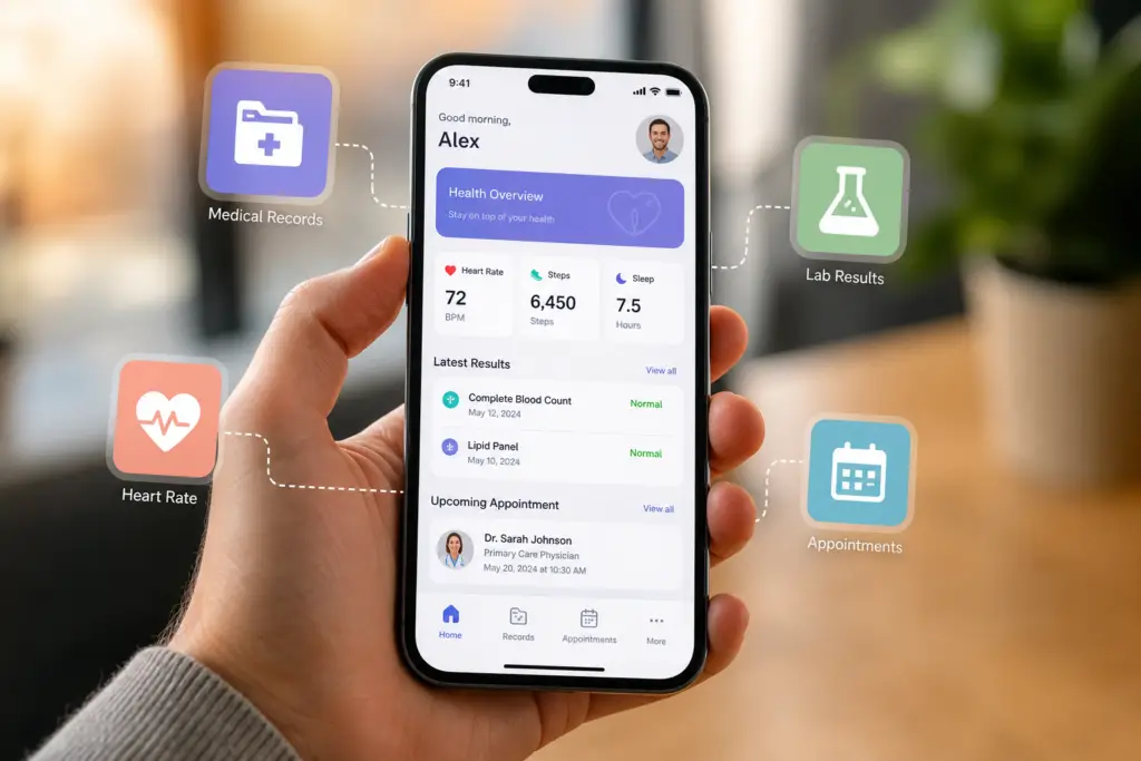 Current image: Person holding a smartphone displaying a unified digital health dashboard with medical data icons and wellness metrics