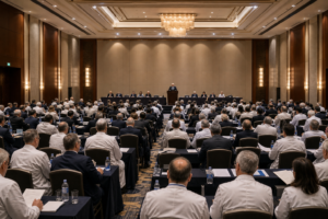 Medical professionals gathered in a large conference hall for a formal governance and policy meeting