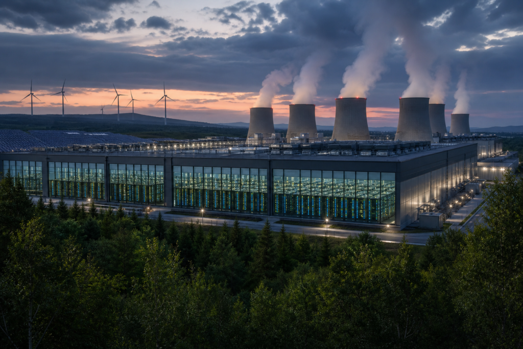 Large AI data center facility at dusk with cooling towers and renewable energy sources visible in the background