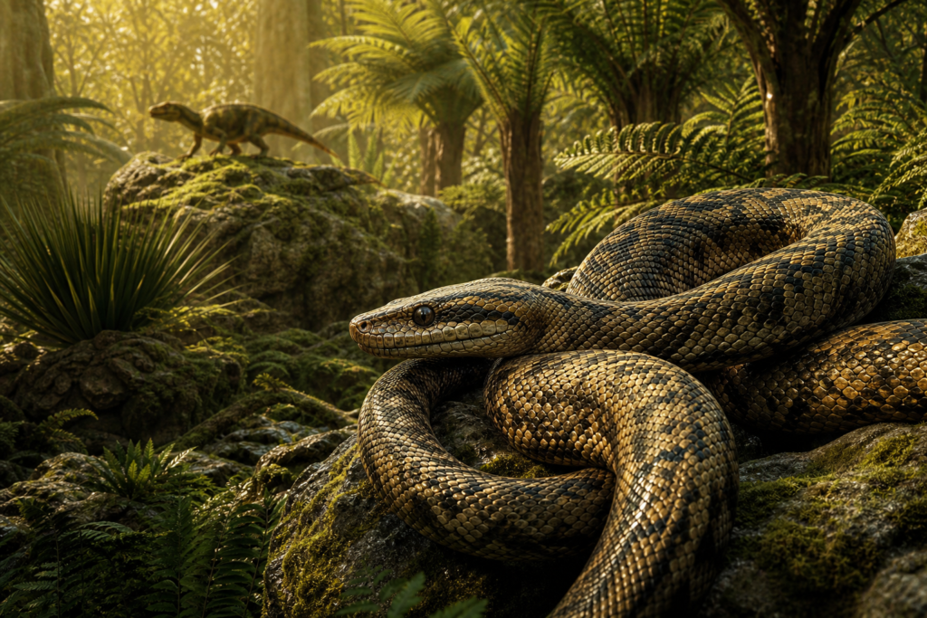A large snake coiled on ancient rocky terrain surrounded by prehistoric vegetation, evoking 100 million years of reptile evolution