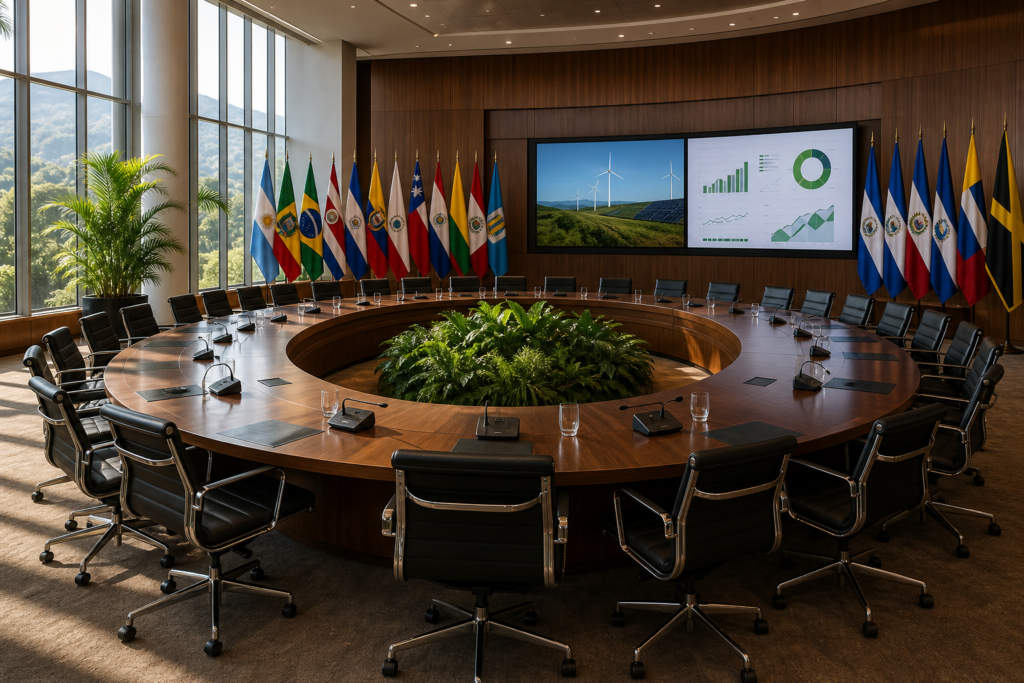 Government conference room with flags and climate finance presentation screens representing Latin American regional cooperation