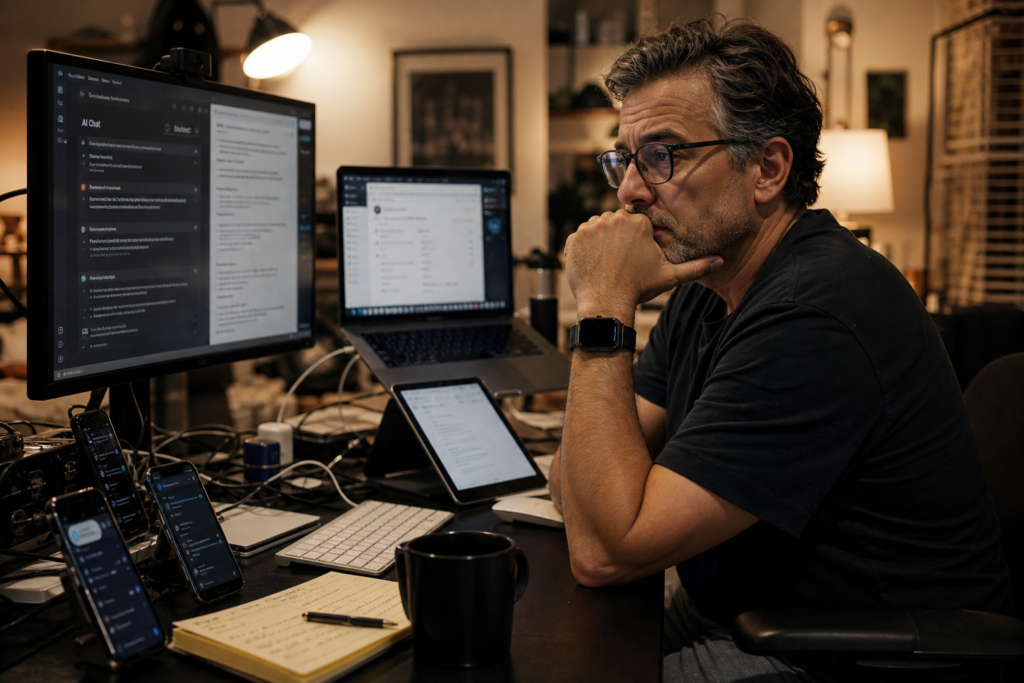Person looking overwhelmed surrounded by multiple modern tech devices at a cluttered desk