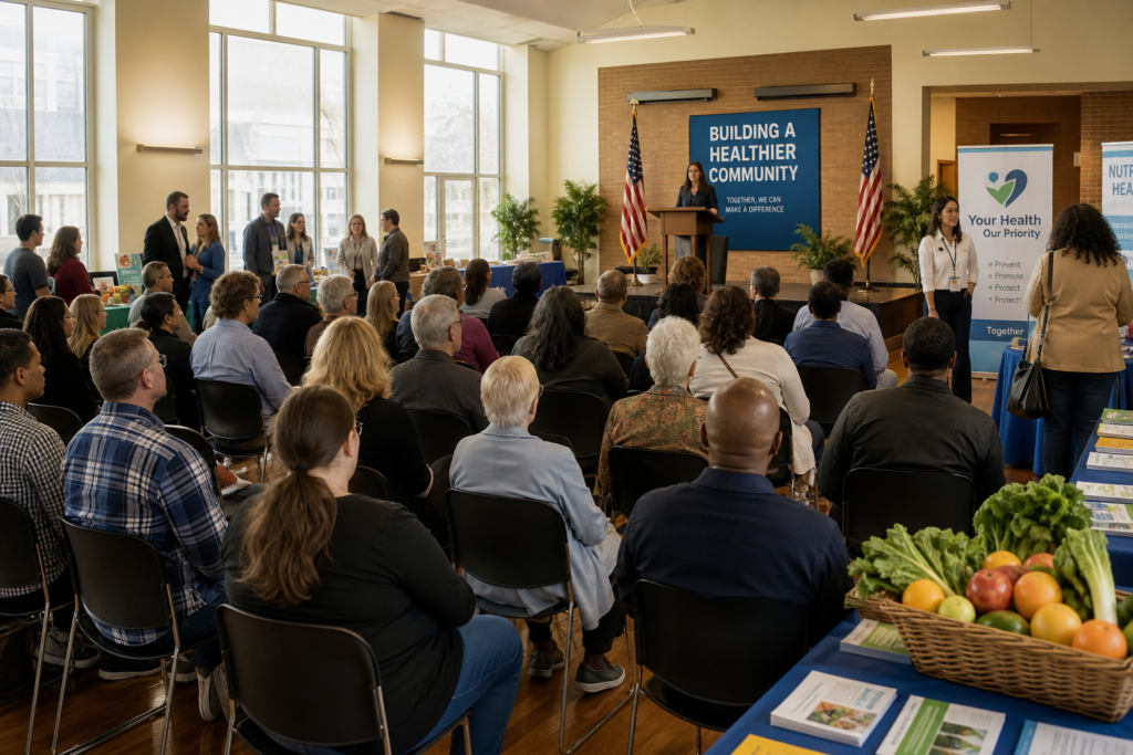 Community members gathered at a public health town hall event in Ohio listening to a speaker on prevention and wellness